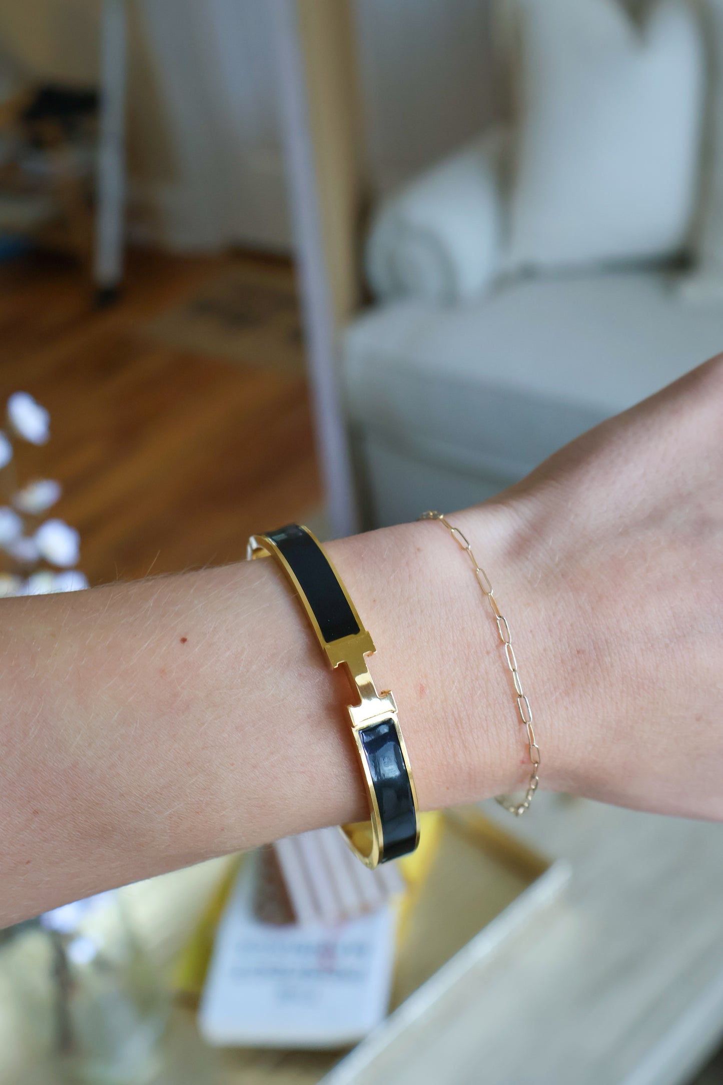 Black Enamel "H" Bangle – Waterproof Stainless Steel