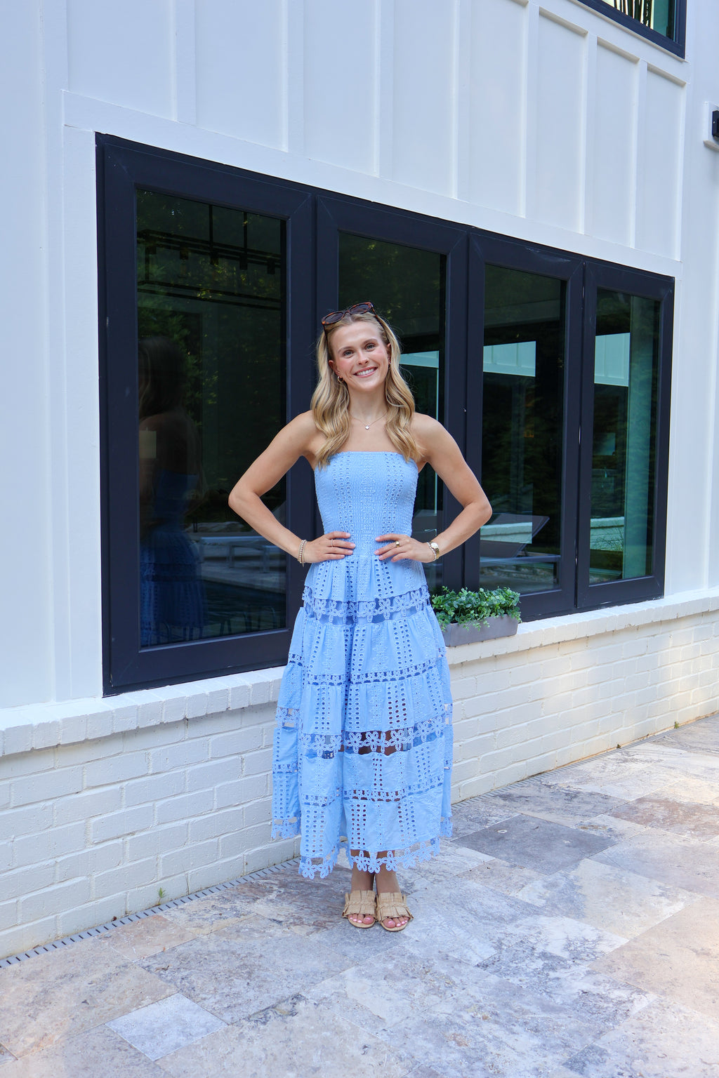 Claire Eyelet Midi Dress in Chambray