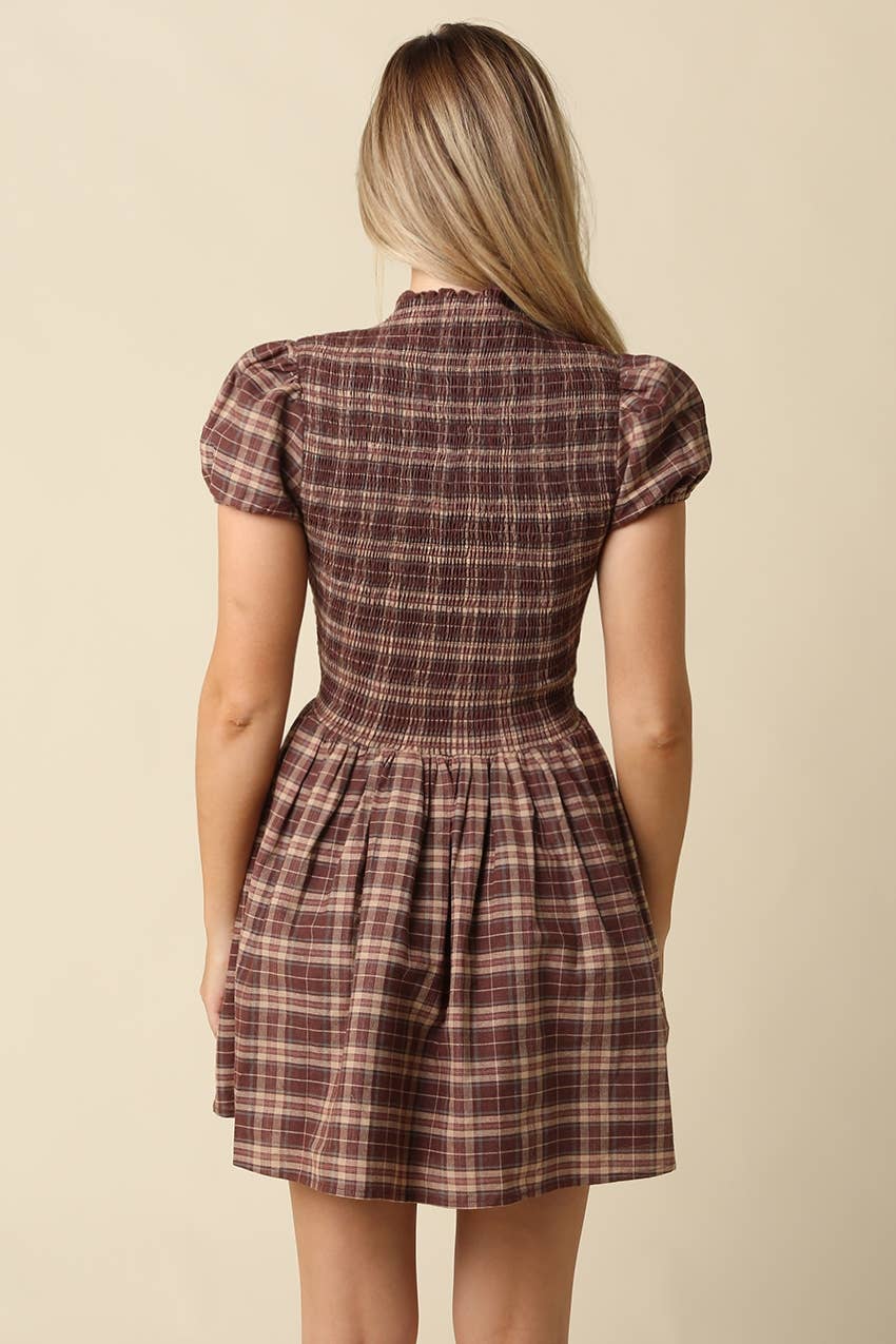 The Beaufort Plaid Smocked Mini Dress in Brown
