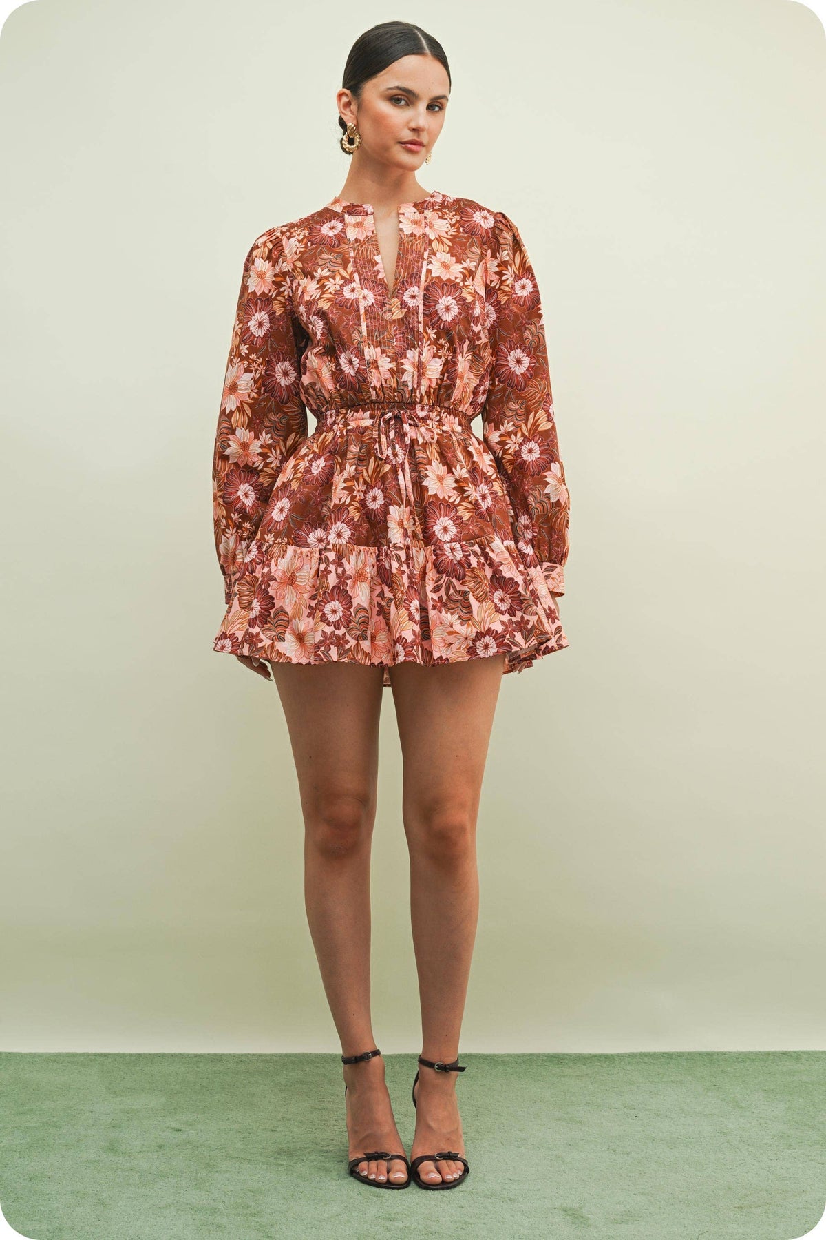Flora Print Block Long Sleeve Mini Dress