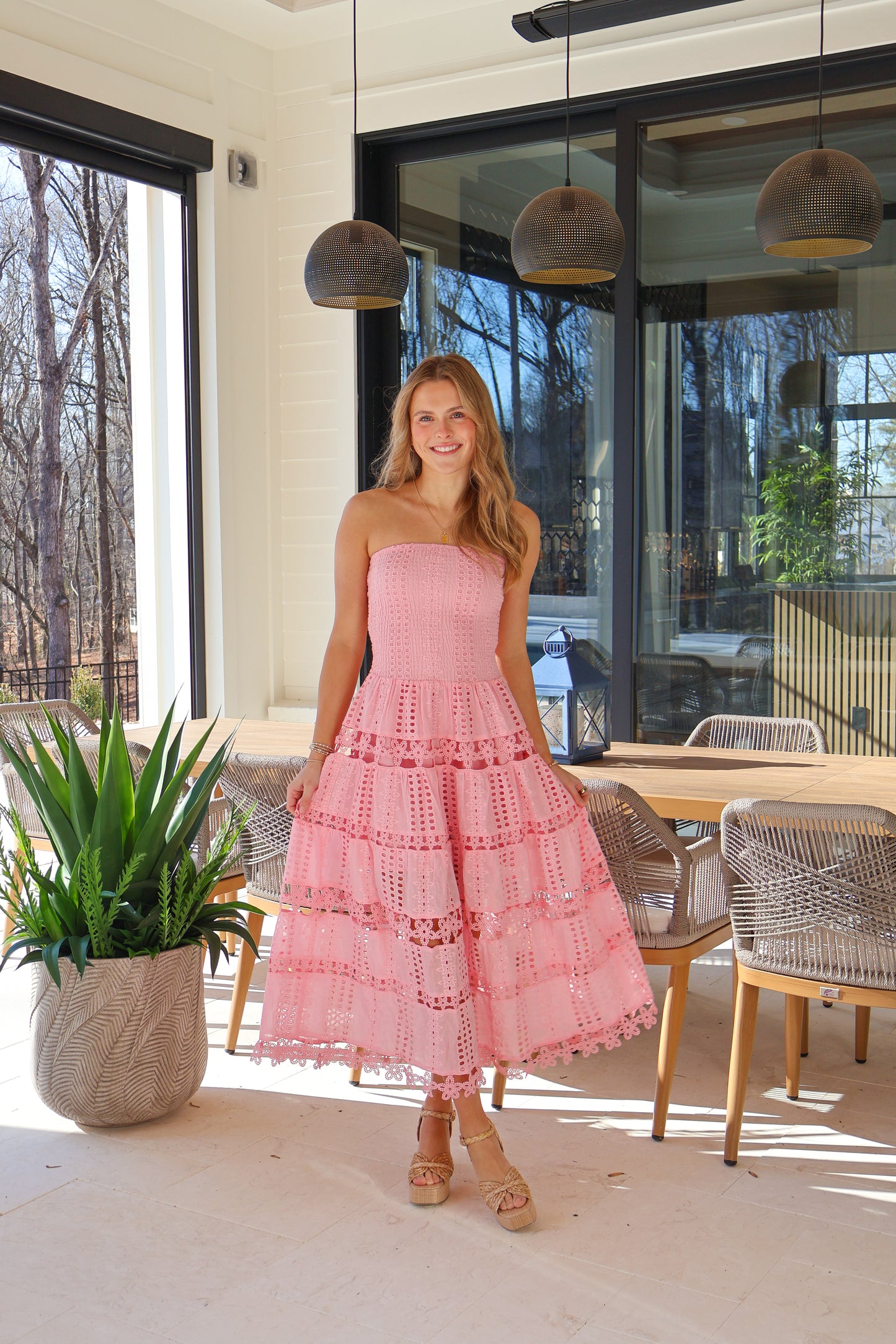 Blushing Pink Eyelet Midi Dress