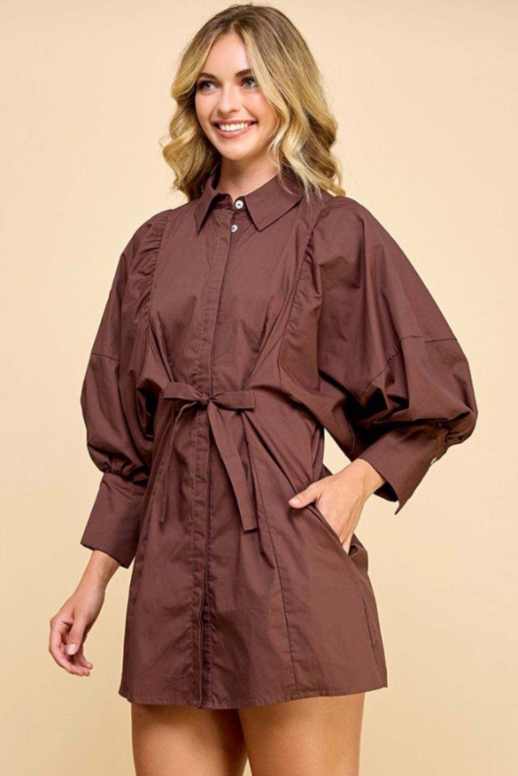 The Brynn Tie-Waist Mini Dress - Mocha