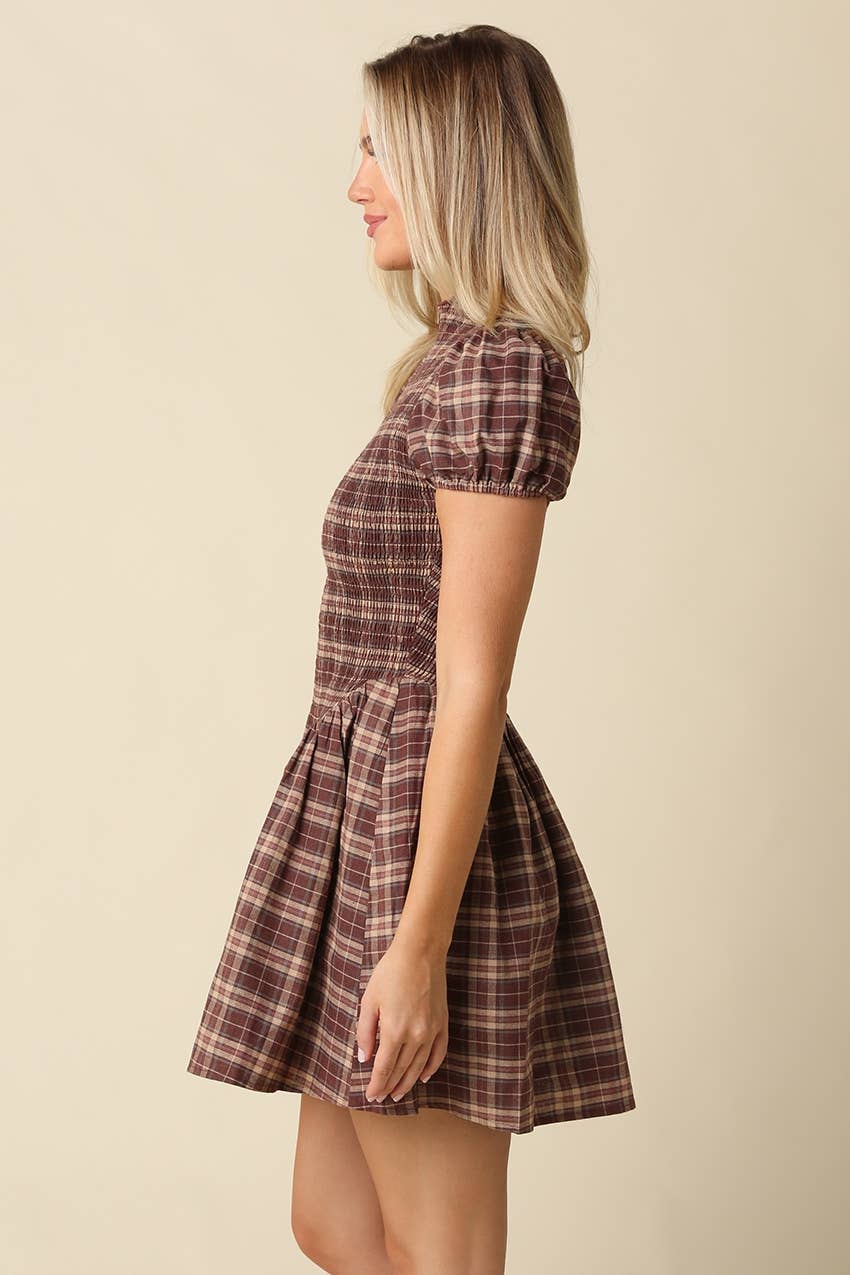 The Beaufort Plaid Smocked Mini Dress in Brown