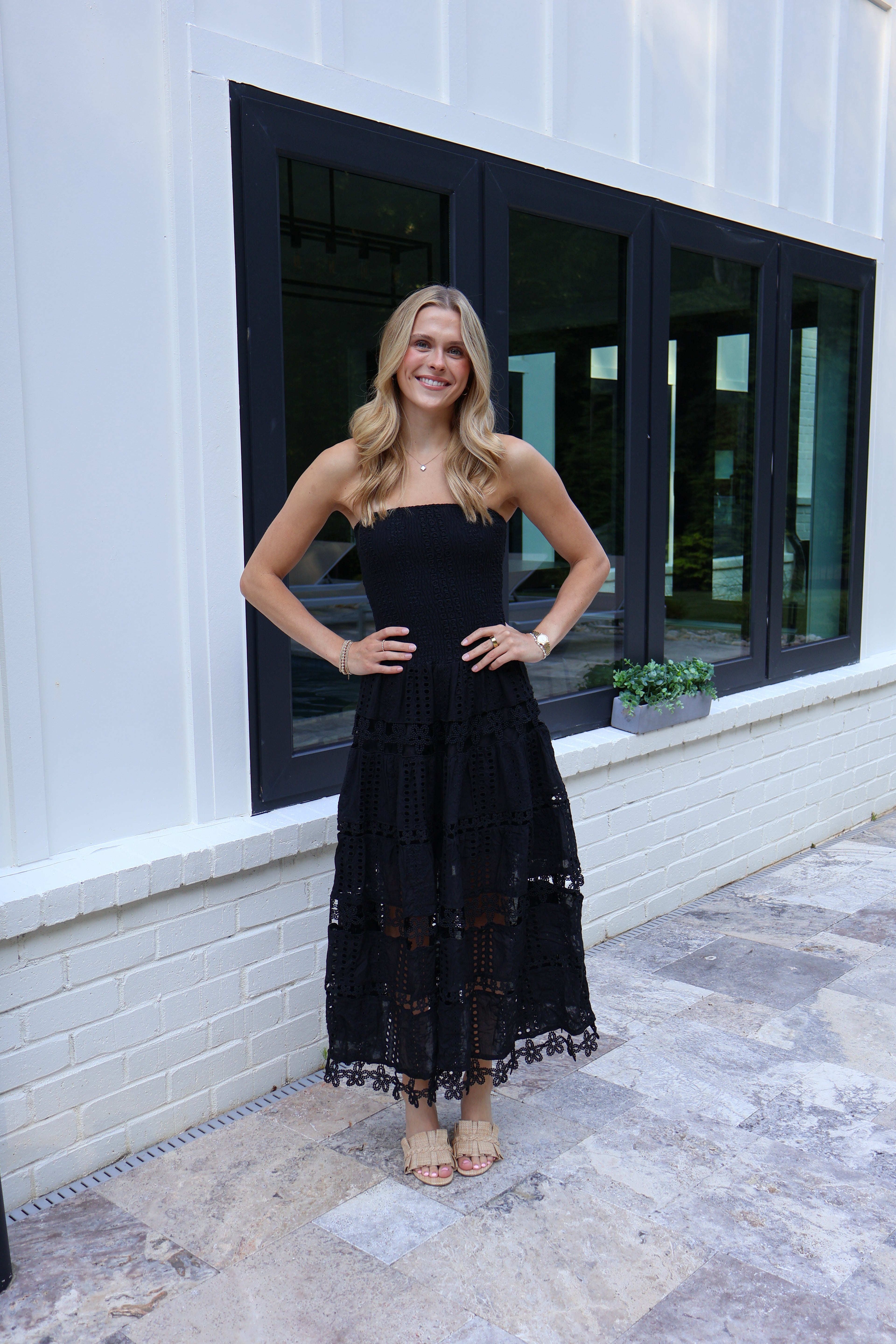 Kara Eyelet Midi Dress in Black
