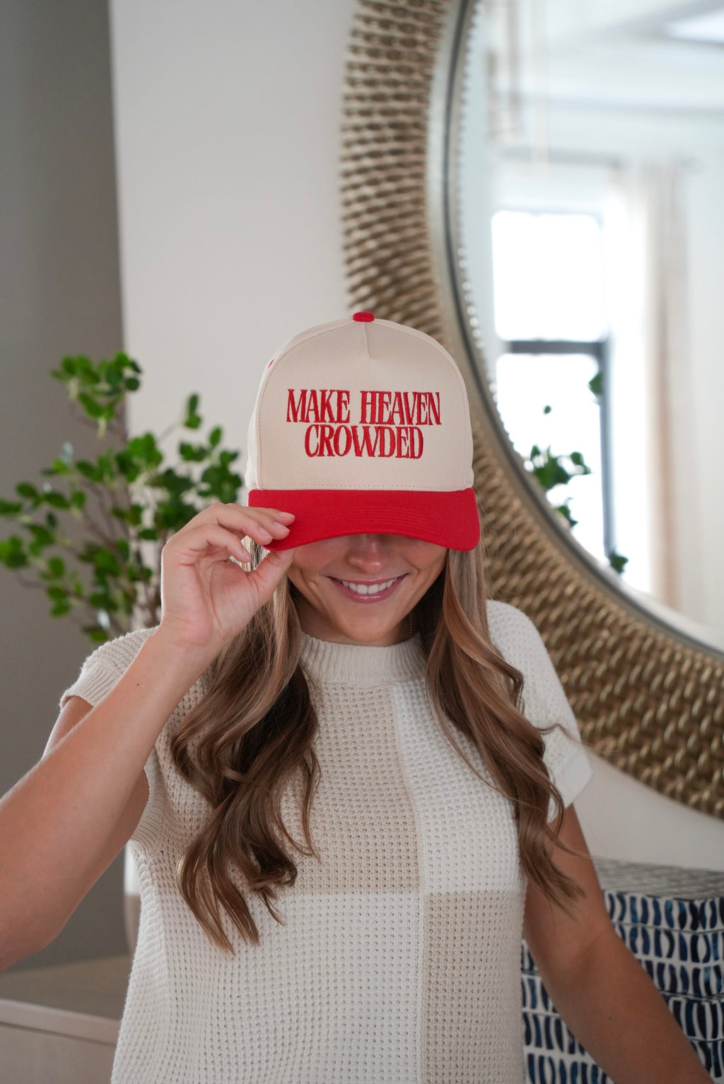 Make Heaven Crowded Embroidered Trucker Hat in Red