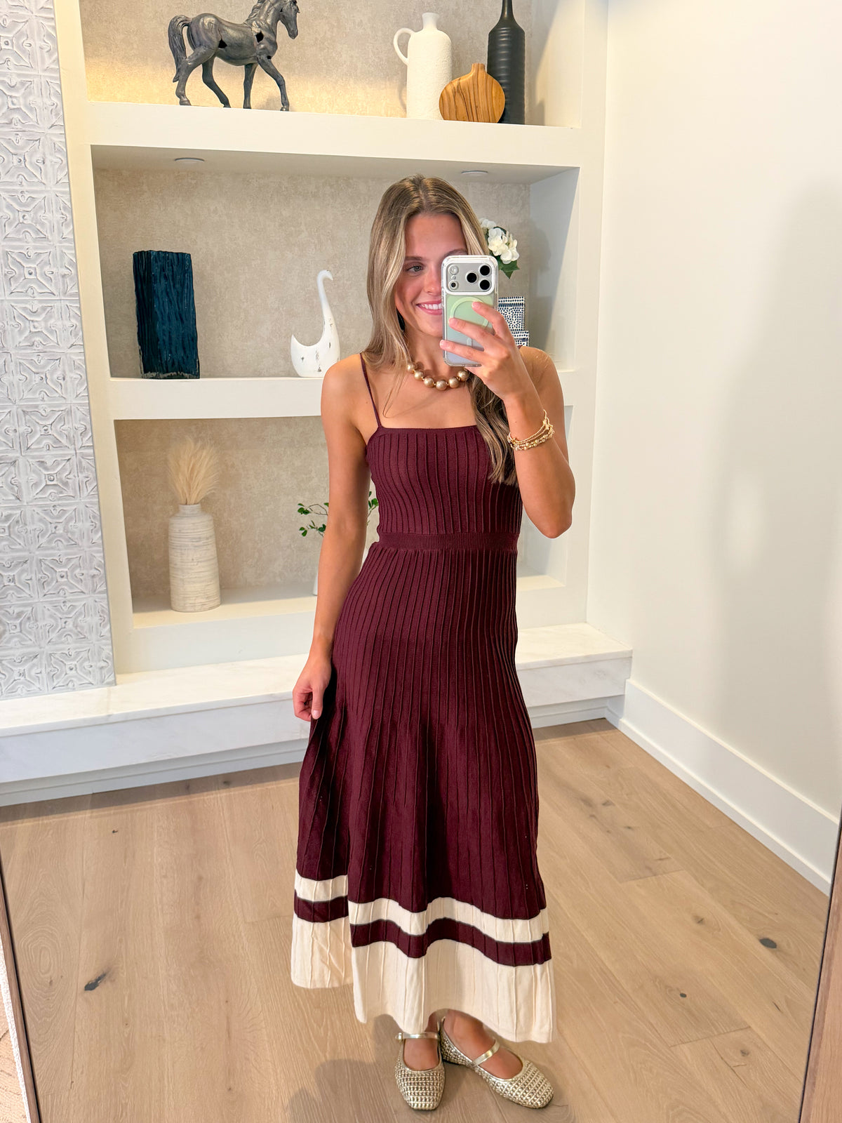 The Adelaide Knit Maxi Dress in Wine and Ecru