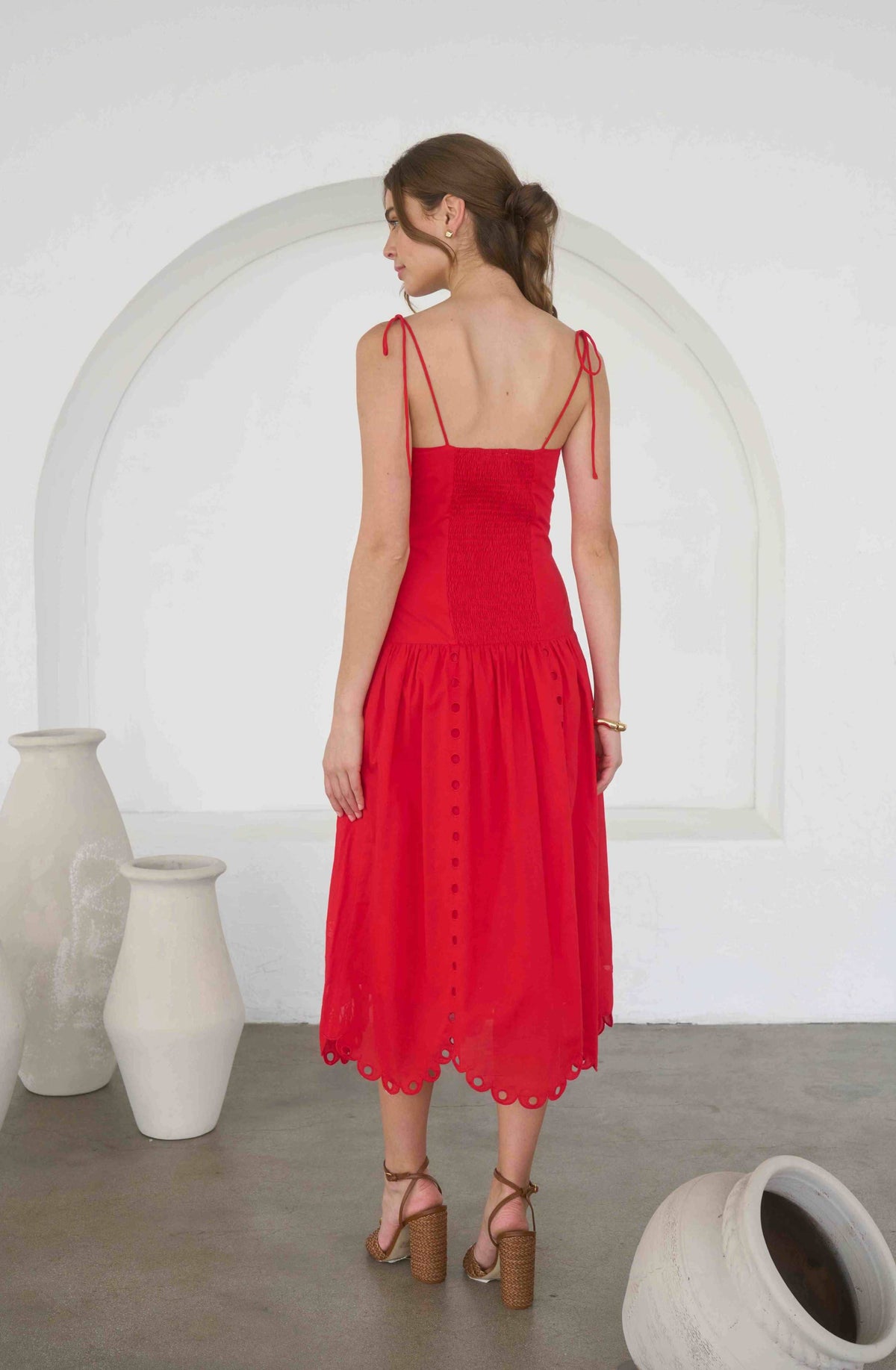 Cherry Cobbler Eyelet Midi Dress in Red