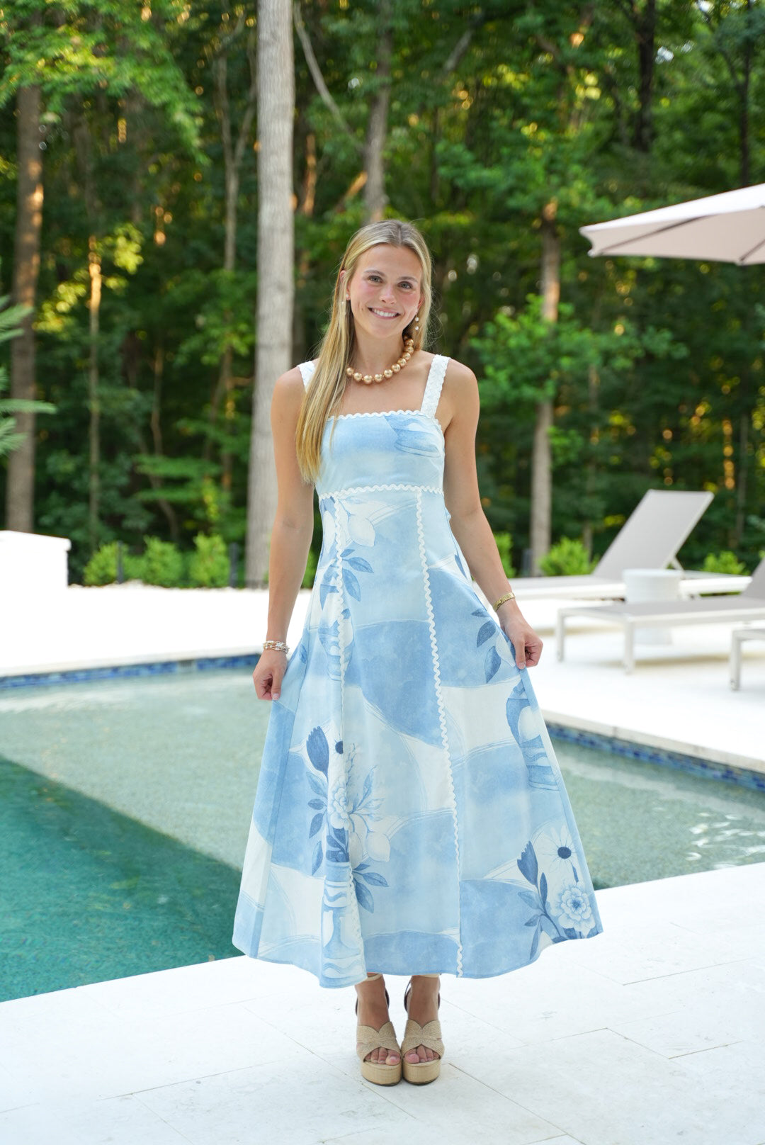 blue willow dress Darci Smocked elastic waist for a flattering fit Willow Merino Wool Swing Dress
