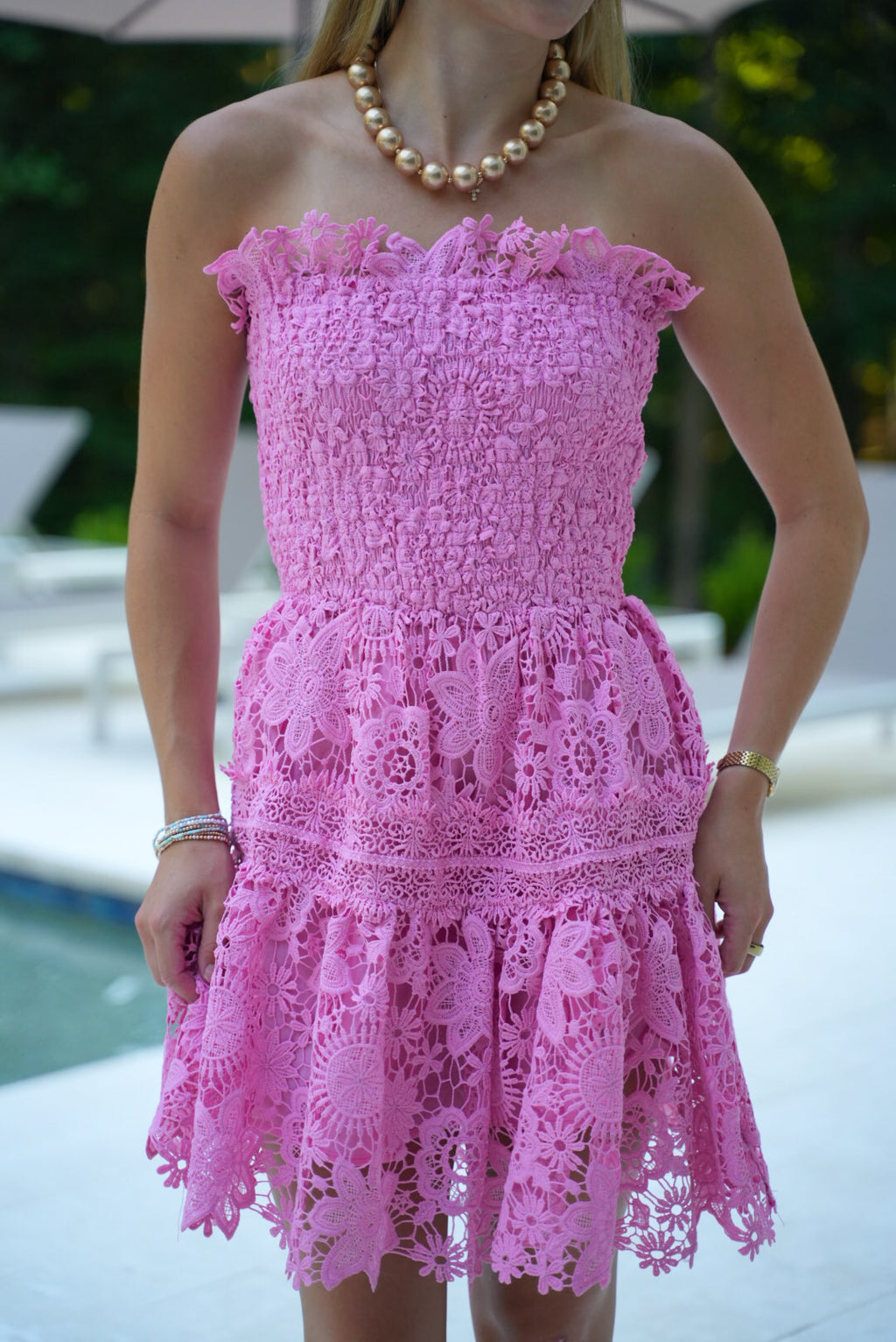 Strapless Crochet Lace Tiered Tube Mini Dress: PINK / S