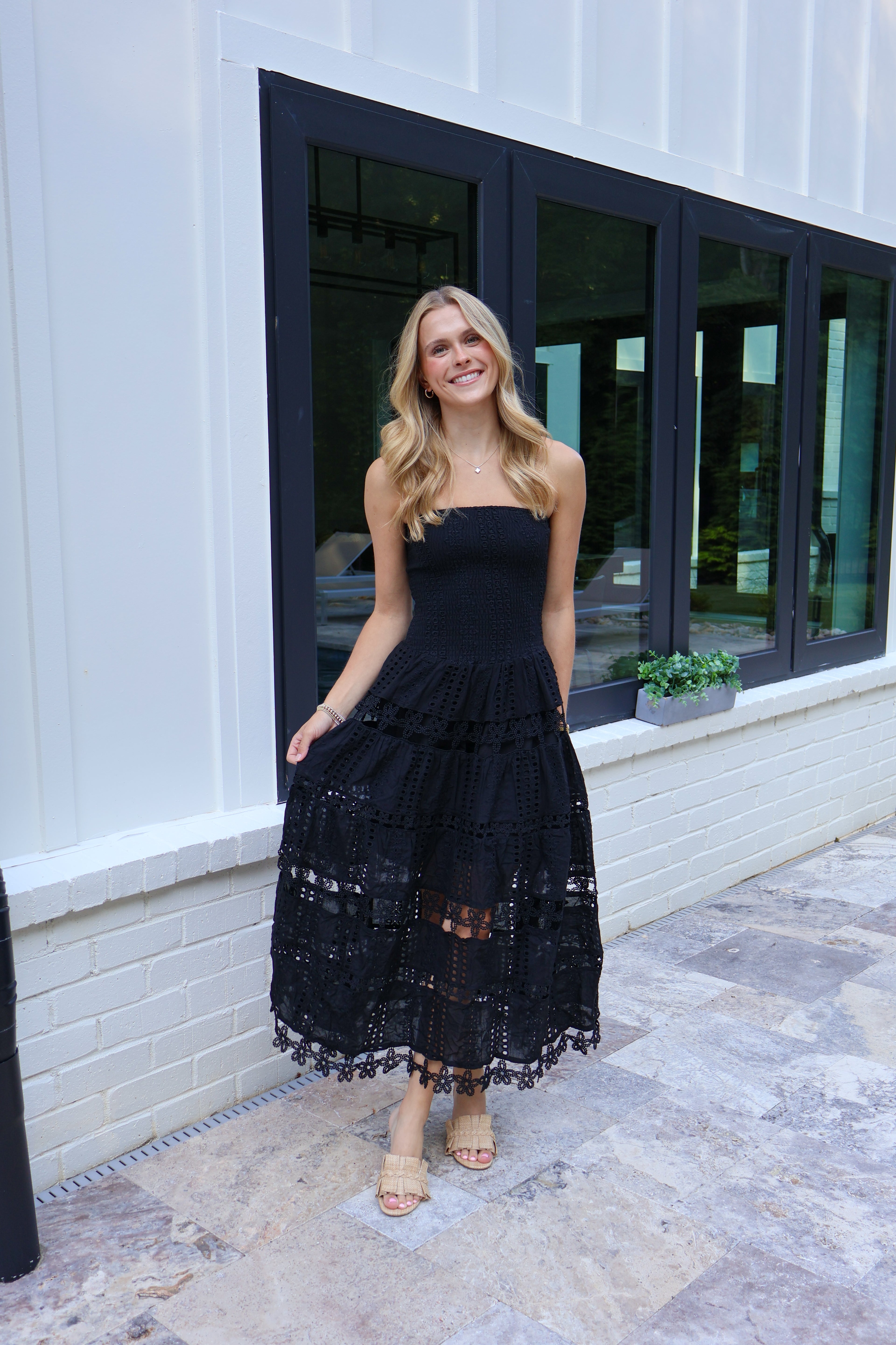 Kara Eyelet Midi Dress in Black