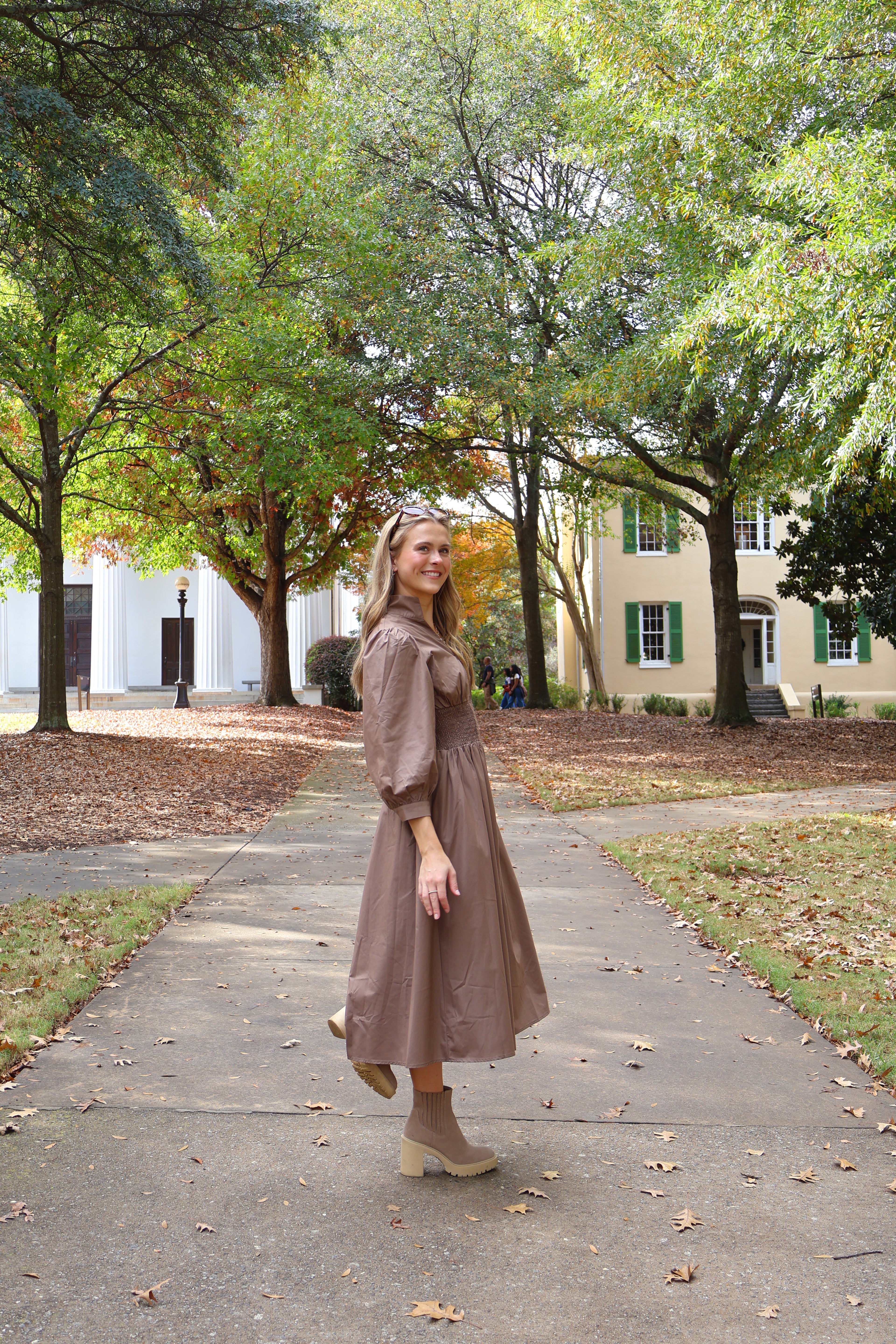 *RESTOCKED* The Ruth Smocked Midi Dress — Taupe