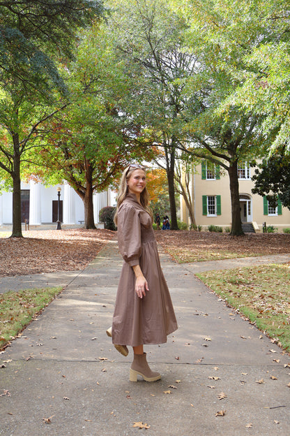 The Ruth Smocked Midi Dress — Taupe