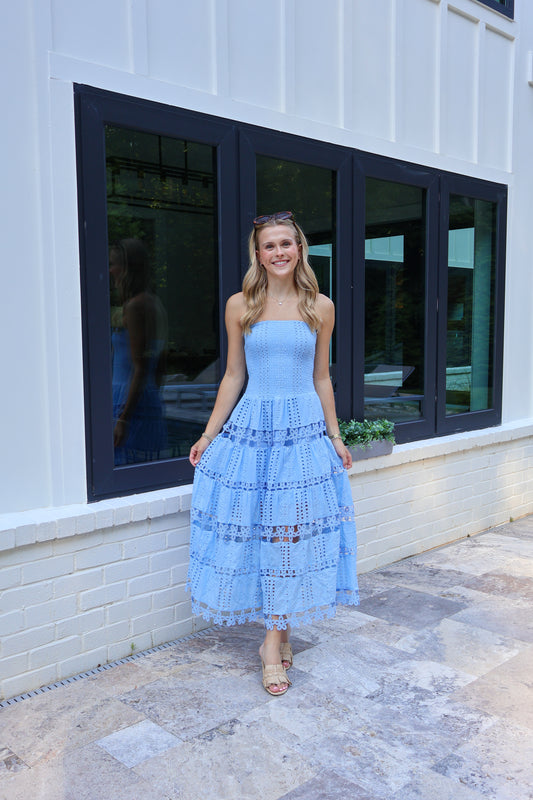 Claire Eyelet Midi Dress in Chambray