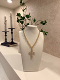 Pearl and Gold Cross Necklace