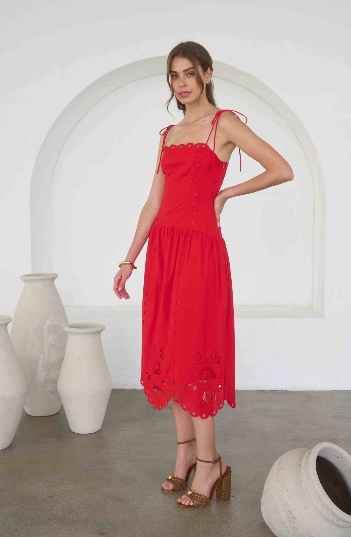 Cherry Cobbler Eyelet Midi Dress in Red