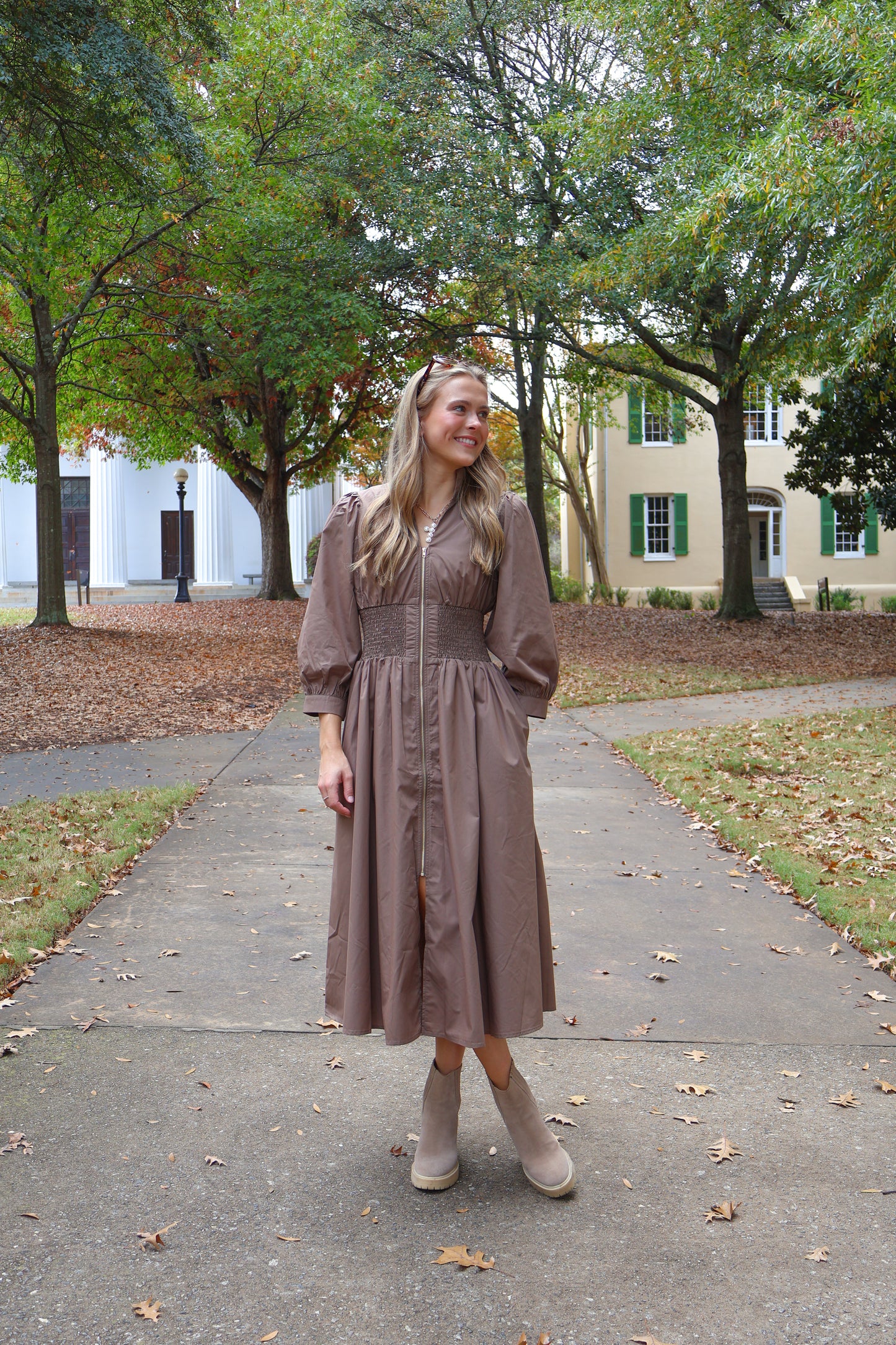 The Ruth Smocked Midi Dress — Taupe