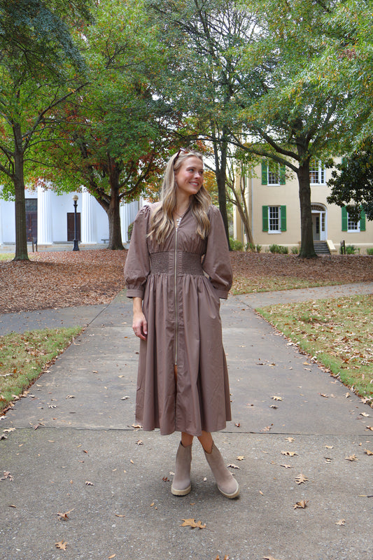 The Ruth Smocked Midi Dress — Taupe