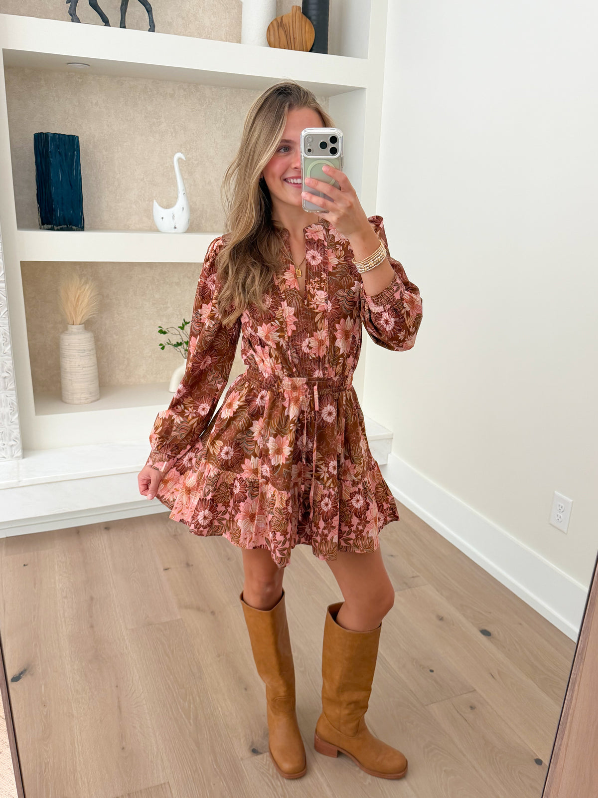 Flora Print Block Long Sleeve Mini Dress