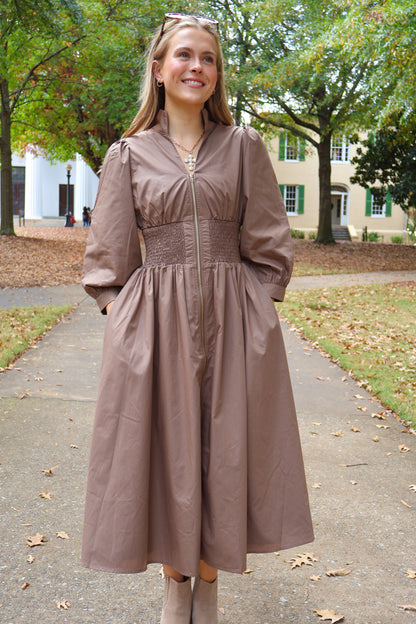 The Ruth Smocked Midi Dress — Taupe