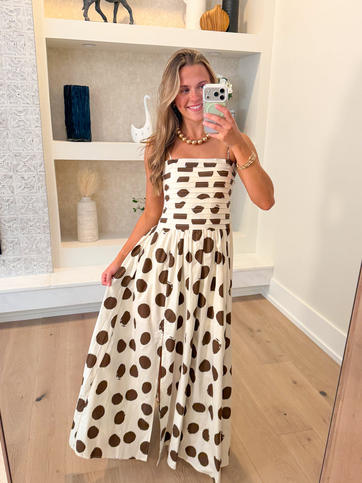 Coco Dot Maxi Dress in Ivory and Brown