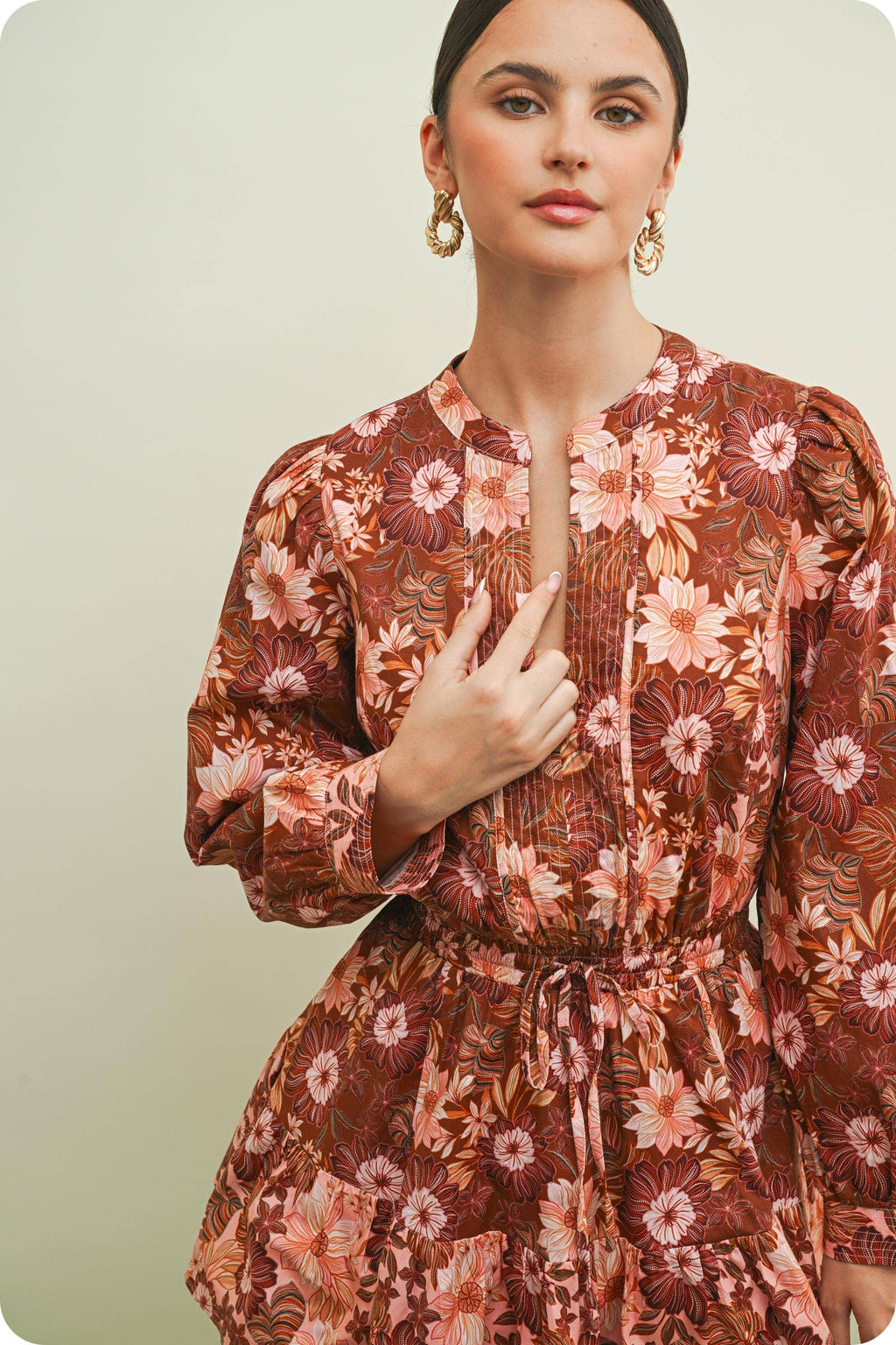 Flora Print Block Long Sleeve Mini Dress