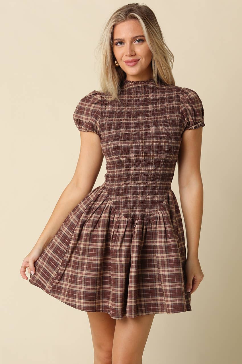 The Beaufort Plaid Smocked Mini Dress in Brown