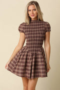 The Beaufort Plaid Smocked Mini Dress in Brown