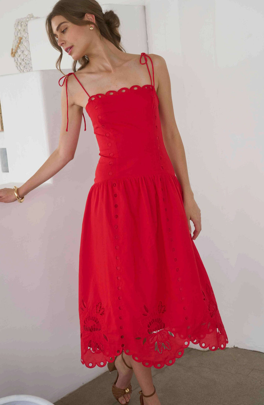 Cherry Cobbler Eyelet Midi Dress in Red