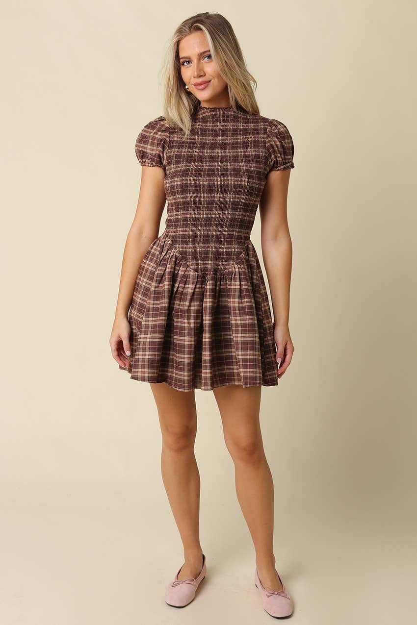 The Beaufort Plaid Smocked Mini Dress in Brown