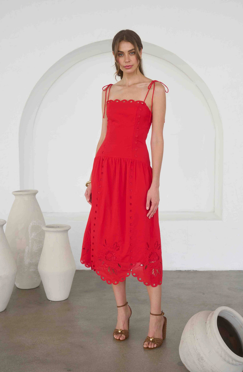 Cherry Cobbler Eyelet Midi Dress in Red