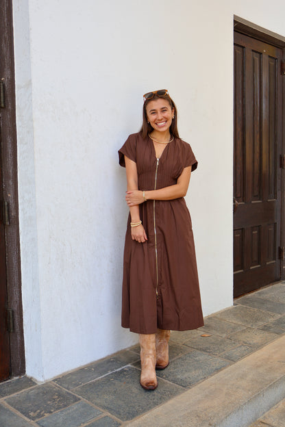 The Haven Smocked Midi Dress — Mocha