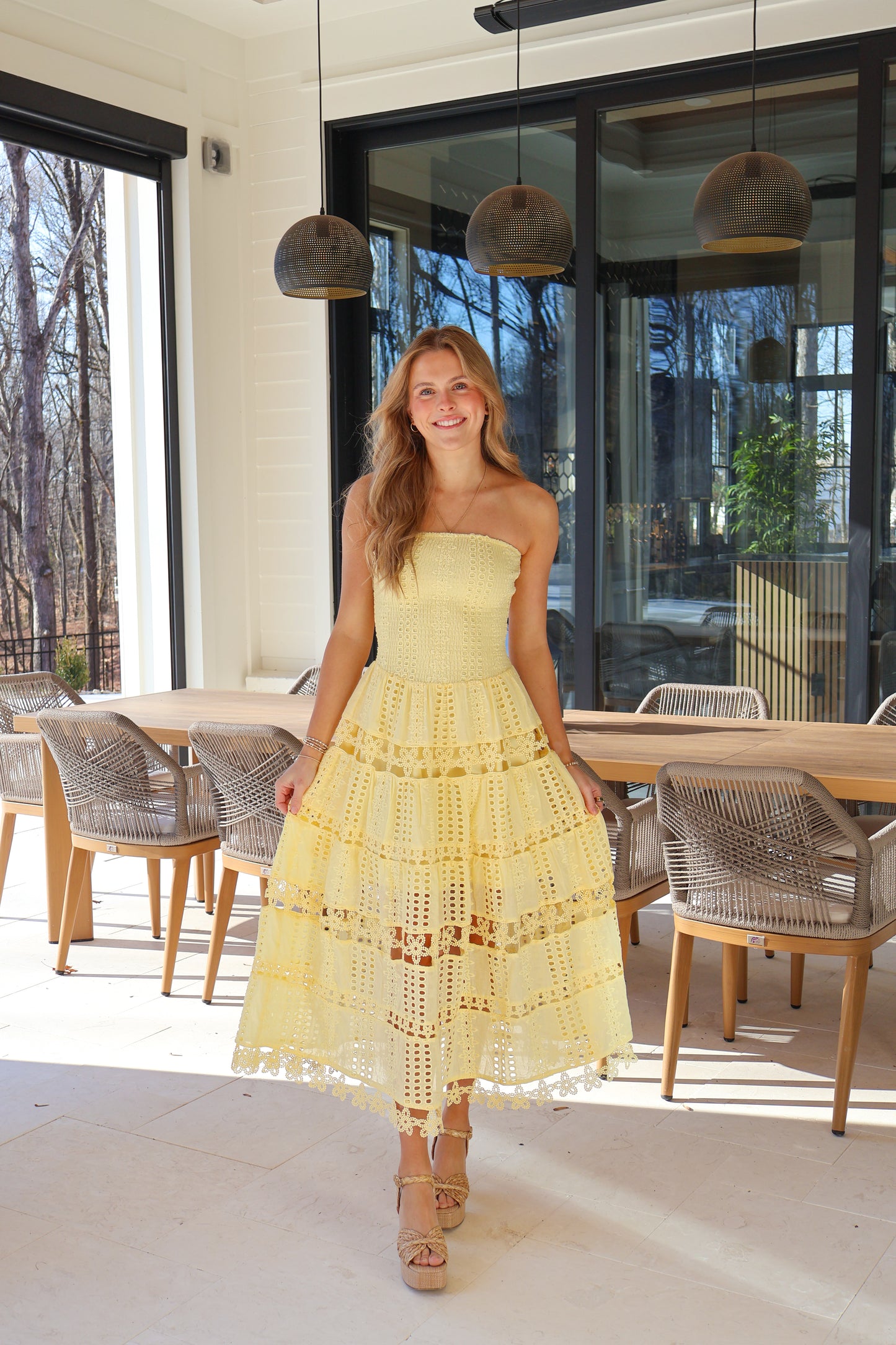 Sunbeam Eyelet Strapless Midi Dress – Yellow