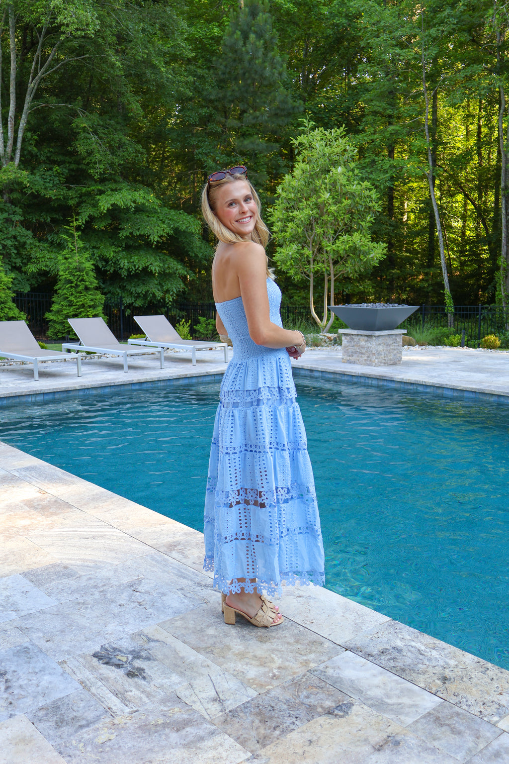 Claire Eyelet Midi Dress in Chambray