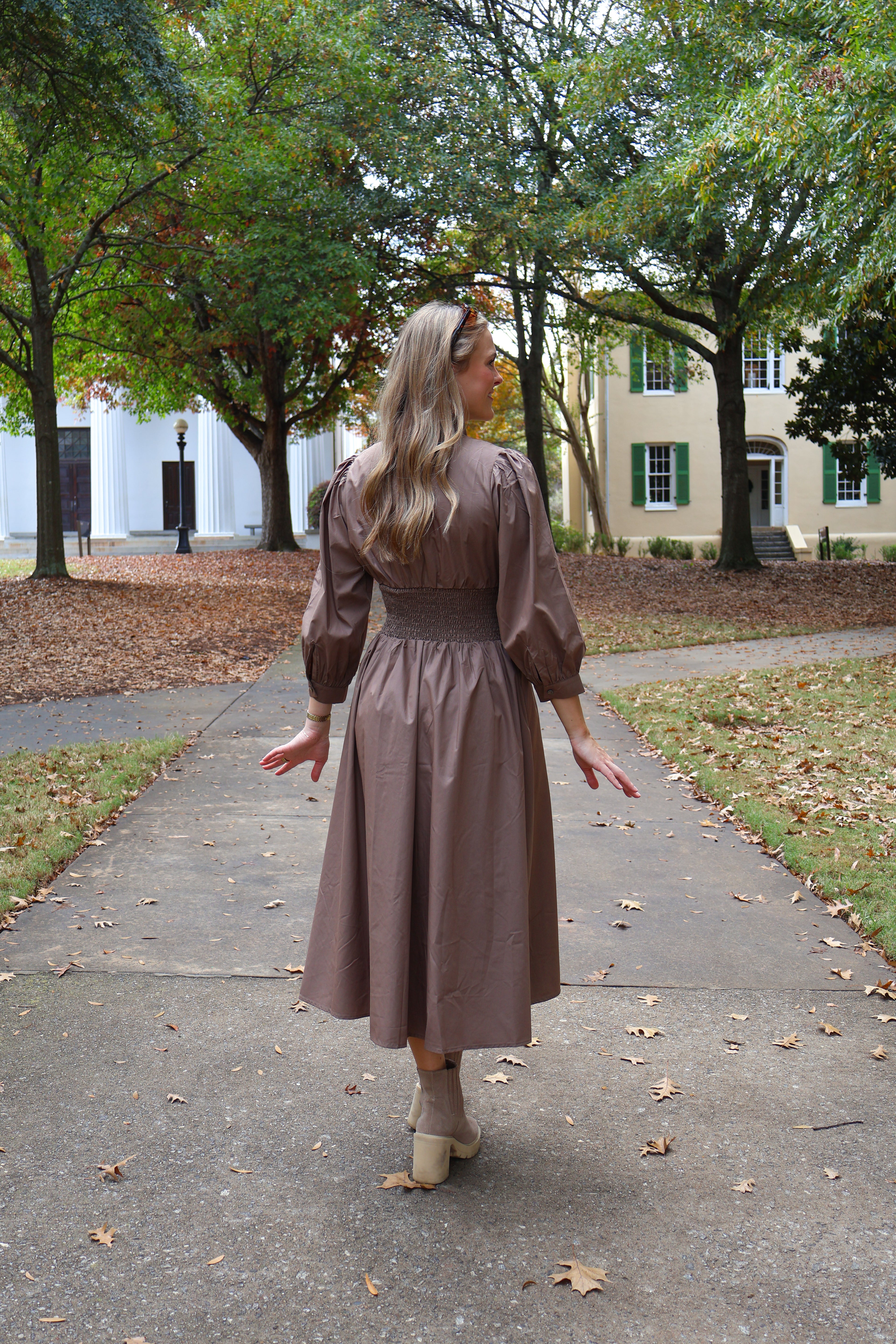 *RESTOCKED* The Ruth Smocked Midi Dress — Taupe