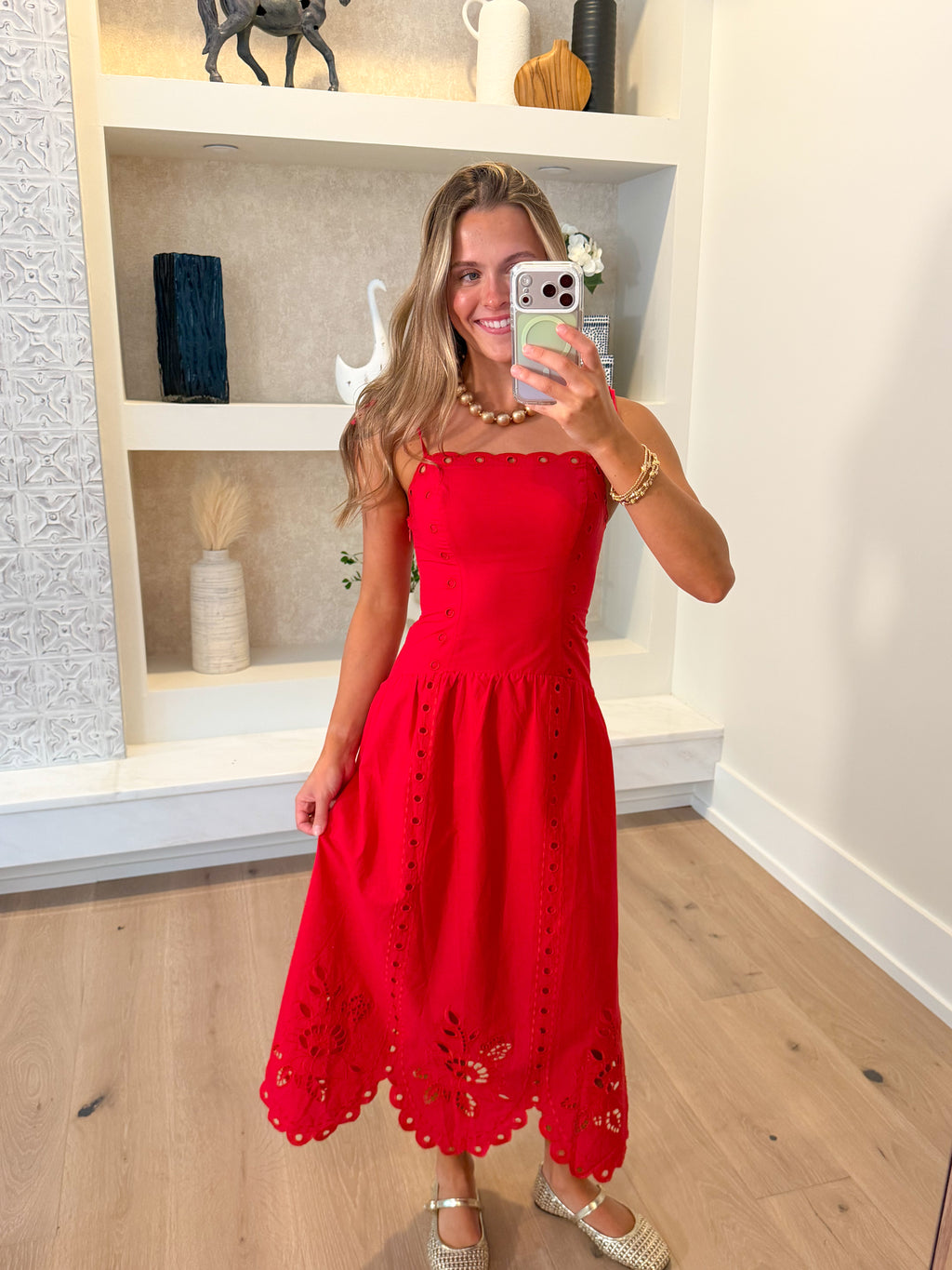 Cherry Cobbler Eyelet Midi Dress in Red