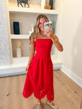 Cherry Cobbler Eyelet Midi Dress in Red