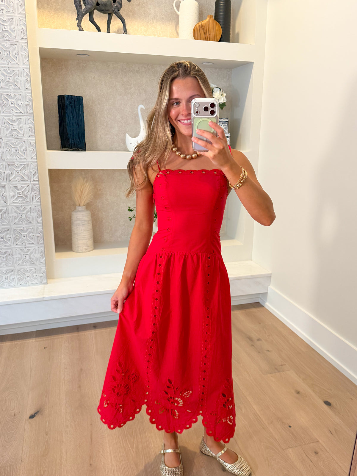 Cherry Cobbler Eyelet Midi Dress in Red