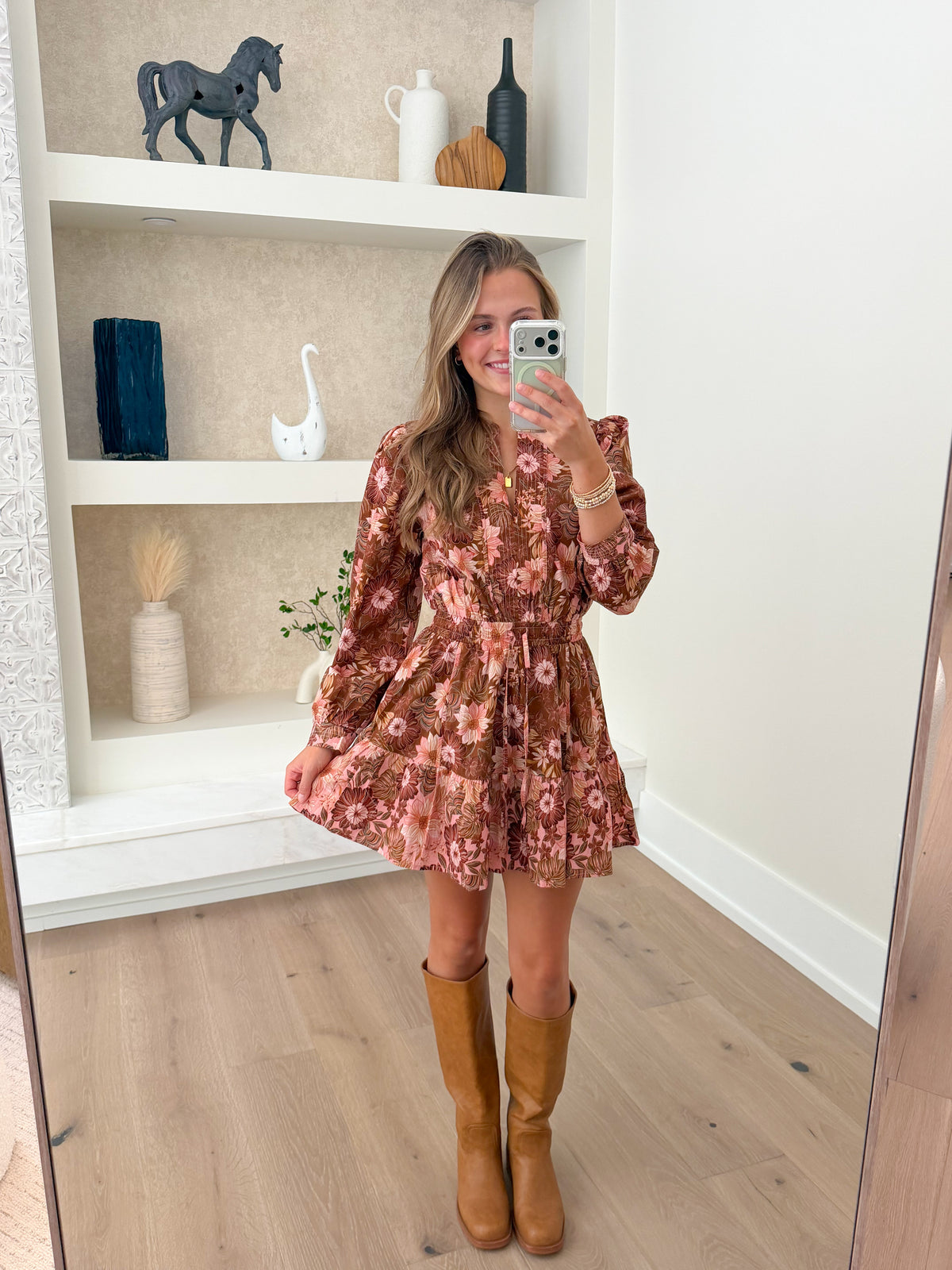 Flora Print Block Long Sleeve Mini Dress