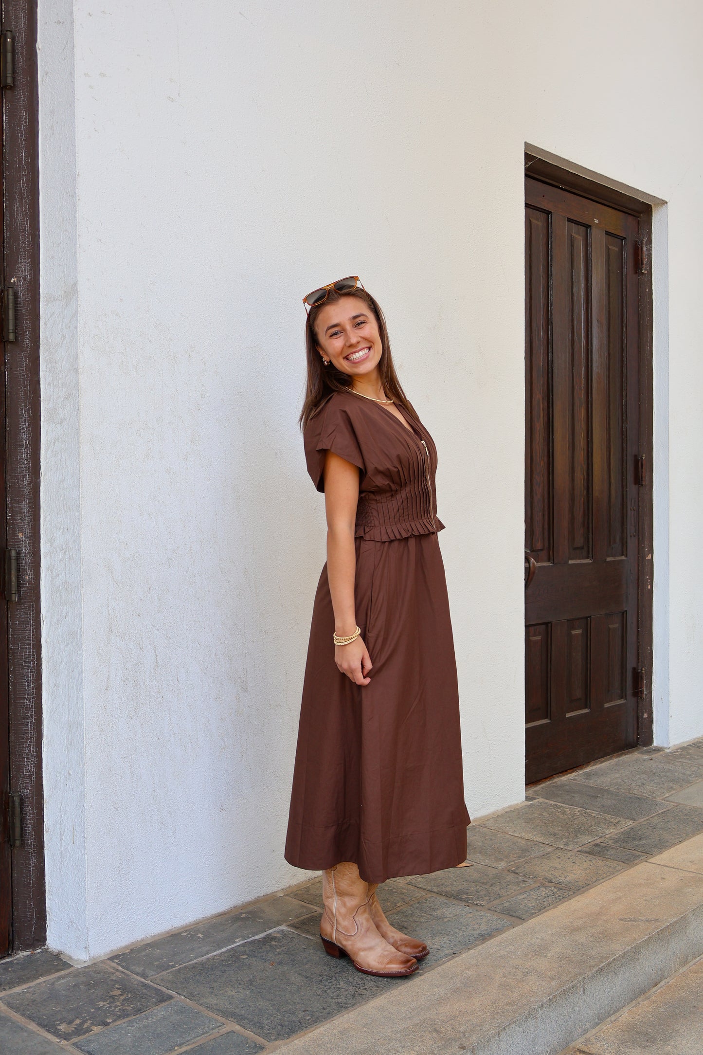 The Haven Smocked Midi Dress — Mocha