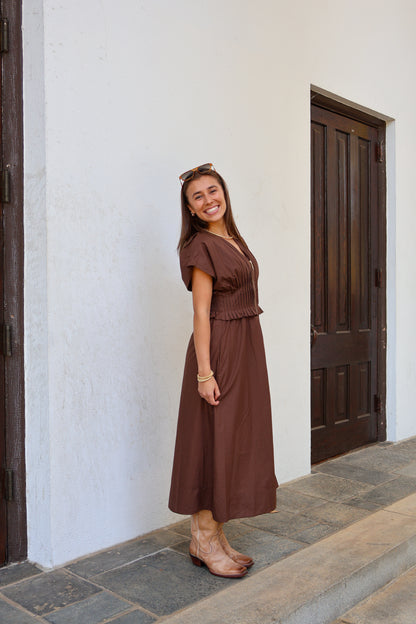 The Haven Smocked Midi Dress — Mocha