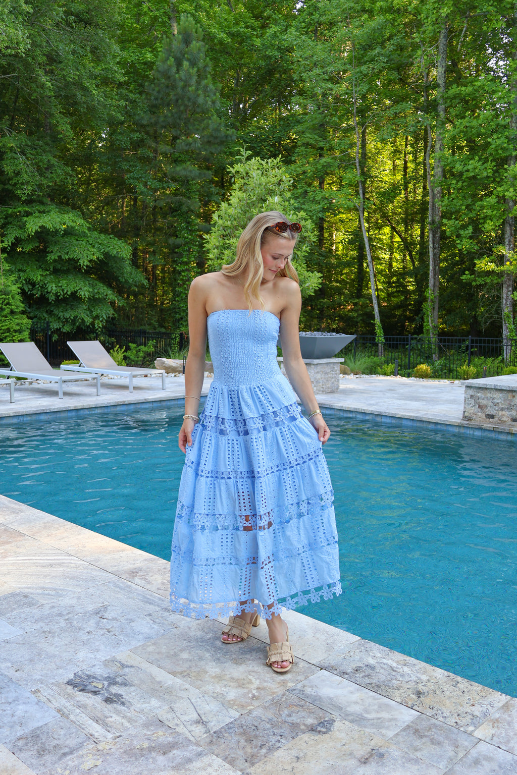 Claire Eyelet Midi Dress in Chambray