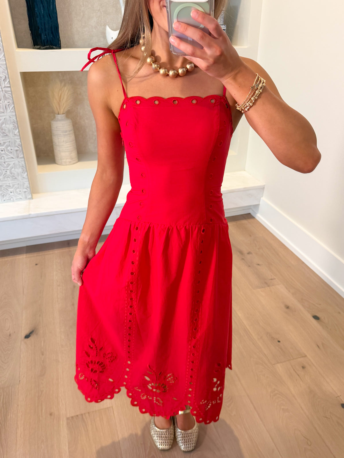Cherry Cobbler Eyelet Midi Dress in Red