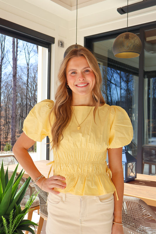 Sunny Cinch Puff Sleeve Top – Yellow