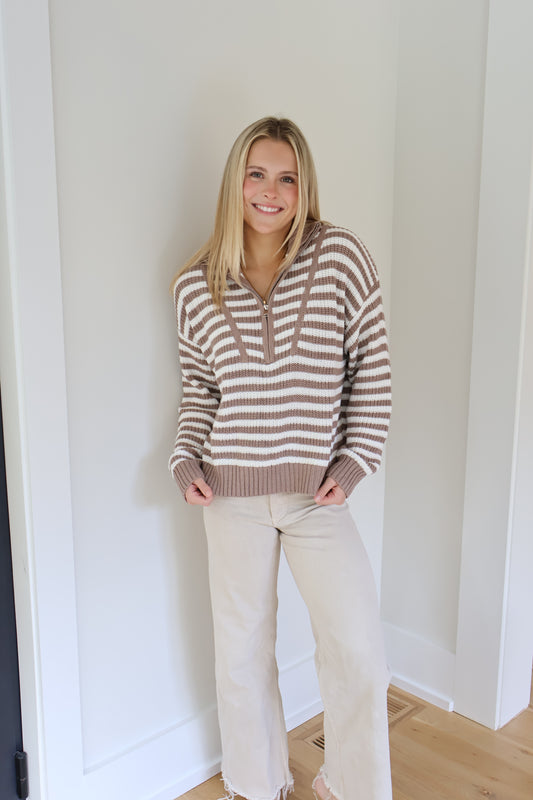 Hattie Quarter Zip Sweater Top - Taupe/White