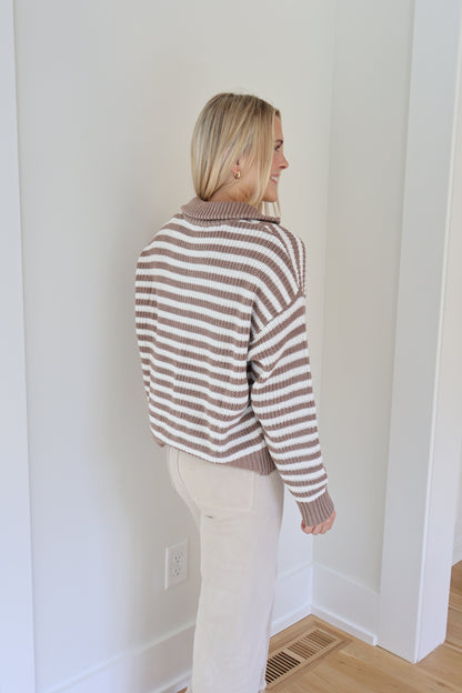 Hattie Quarter Zip Sweater Top - Taupe/White