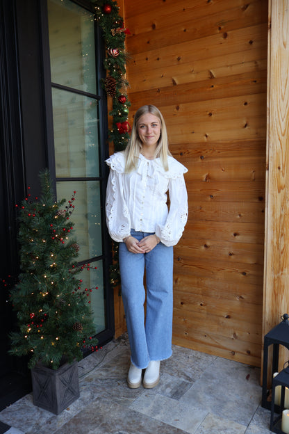 Lala Poplin Embroidered Blouse in White