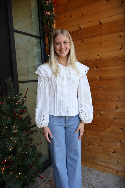 Lala Poplin Embroidered Blouse in White