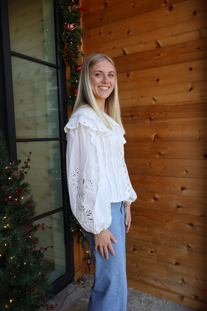 Lala Poplin Embroidered Blouse in White