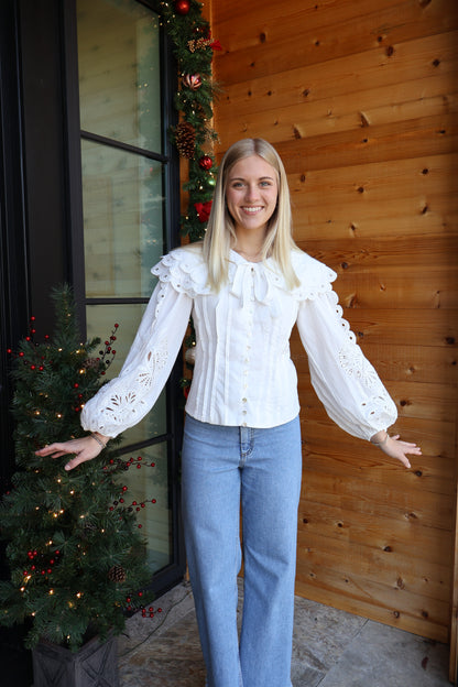 Lala Poplin Embroidered Blouse in White