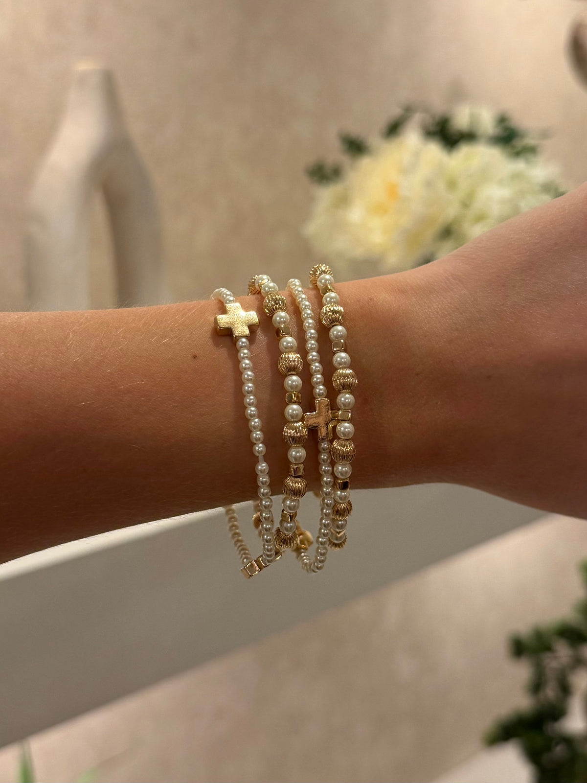Hymnal Pearl Cross Bracelet Stack (Set of 4)